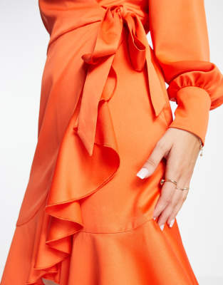 Vestito corto in raso color mandarino a portafoglio con volant-Arancione - Style Cheat  donna Arancione - immagine1