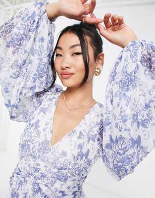 Vestito lungo a pieghe con vita incrociata blu a fiori - Style Cheat  donna Blu - immagine3