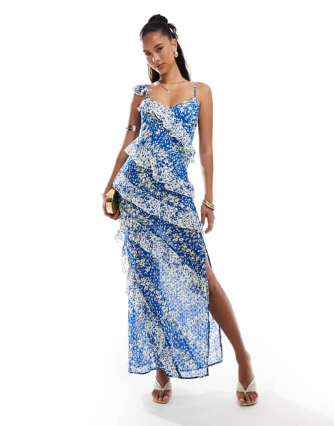 Style Cheat - Vestito lungo con spalline sottili blu e crema con stampa a fiori e volant - view 1