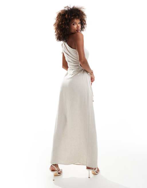 Style Cheat - Vestito lungo monospalla in lino beige con cut