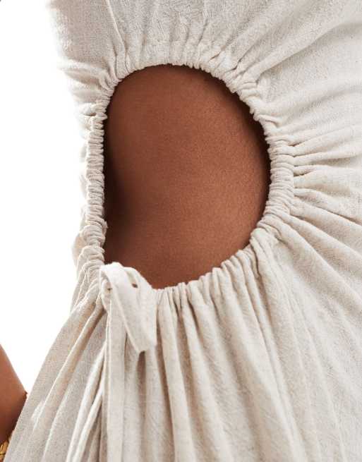 Style Cheat - Vestito lungo monospalla in lino beige con cut