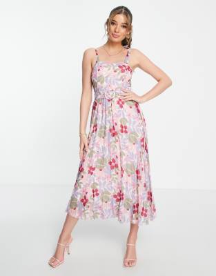 Vestito midi a pieghe a fiori con spalline allacciate e cintura-Multicolore - Style Cheat  donna Multicolore - immagine1