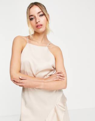 Vestito midi allacciato al collo color ostrica con volant-Bianco - Style Cheat  donna Bianco - immagine3