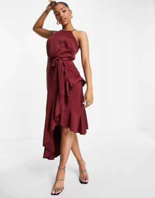 Vestito midi allacciato al collo color prugna con volant-Rosso - Style Cheat  donna Rosso