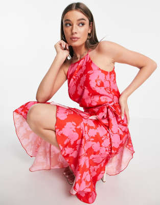 Vestito midi allacciato al collo rosso a fiori rosa-Multicolore - Style Cheat  donna Multicolore - immagine2