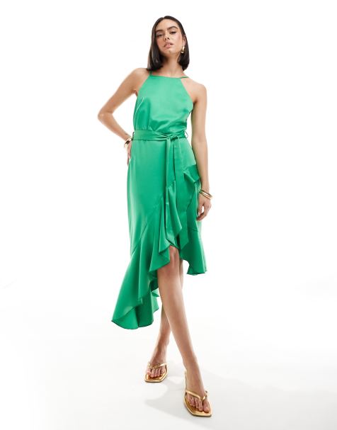 Style Cheat - Vestito midi allacciato al collo verde con volant - view 1