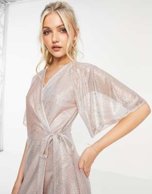 Vestito midi avvolgente con maniche con volant color champagne con glitter metallizzati-Oro - Style Cheat  donna Oro - immagine2