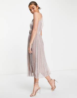 Vestito midi metallizzato a pieghe con cintura, colore rosa-Oro - Style Cheat  donna Oro - immagine2
