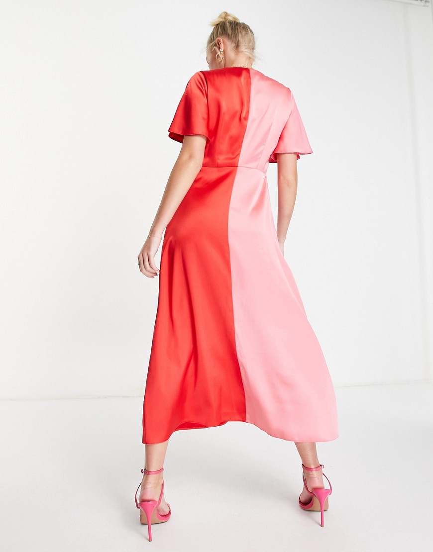 Vestito midi rosa e rosso color block a contrasto con fiocco sul davanti - Style Cheat  donna Rosa - immagine3