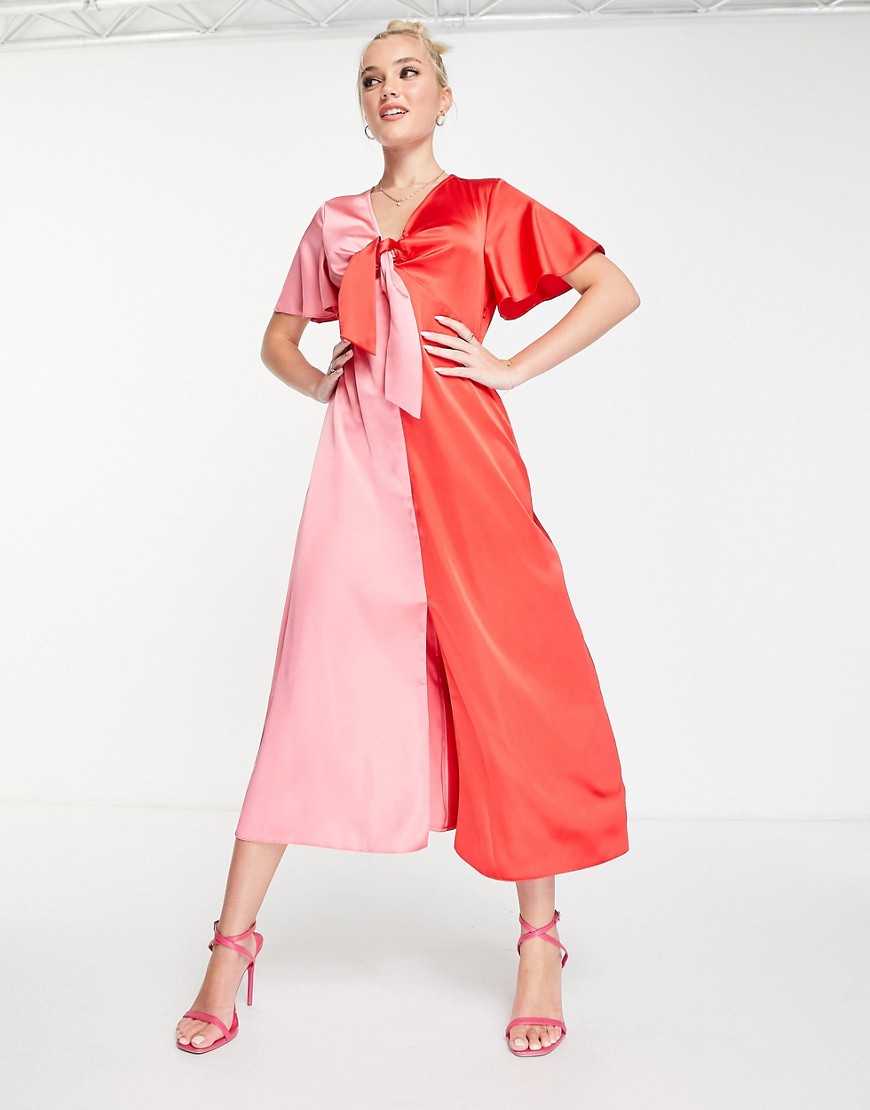 Vestito midi rosa e rosso color block a contrasto con fiocco sul davanti - Style Cheat  donna Rosa - immagine1