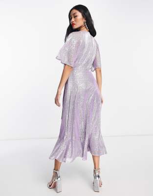 Vestito midi skater lilla con maniche con volant metallizzate-Viola - Style Cheat  donna Viola - immagine1