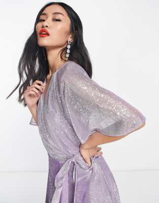 Vestito midi skater lilla con maniche con volant metallizzate-Viola - Style Cheat  donna Viola - immagine2