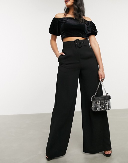 Style Cheat wide leg belted trouser in black