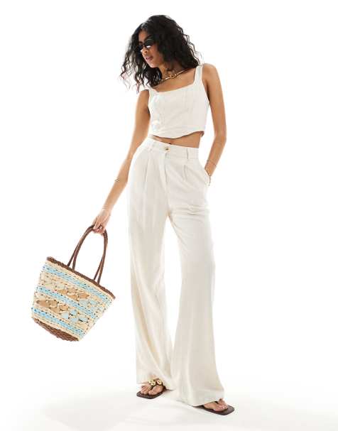 Style Cheat wide leg linen look trousers in cream - view 1