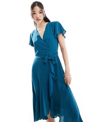 wrap midi dress in ink blue