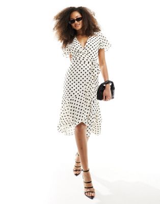Style Cheat wrap midi dress with frill detail in mono spot