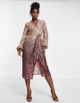 Style Cheat Style Cheat wrap midi sequin dress in pink ombre