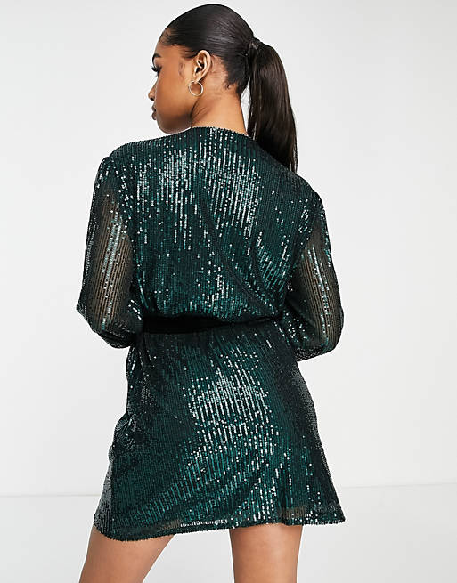  Style Cheat wrap sequin mini dress in emerald green 