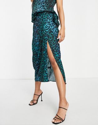 Style Cheat wrap skirt in co-ord in blue and emerald green animal spot