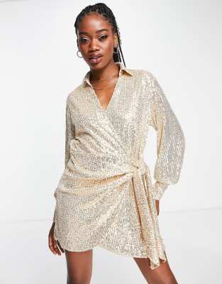 Style Cheat wrap tie sequin shirt dress in champagne-Neutral