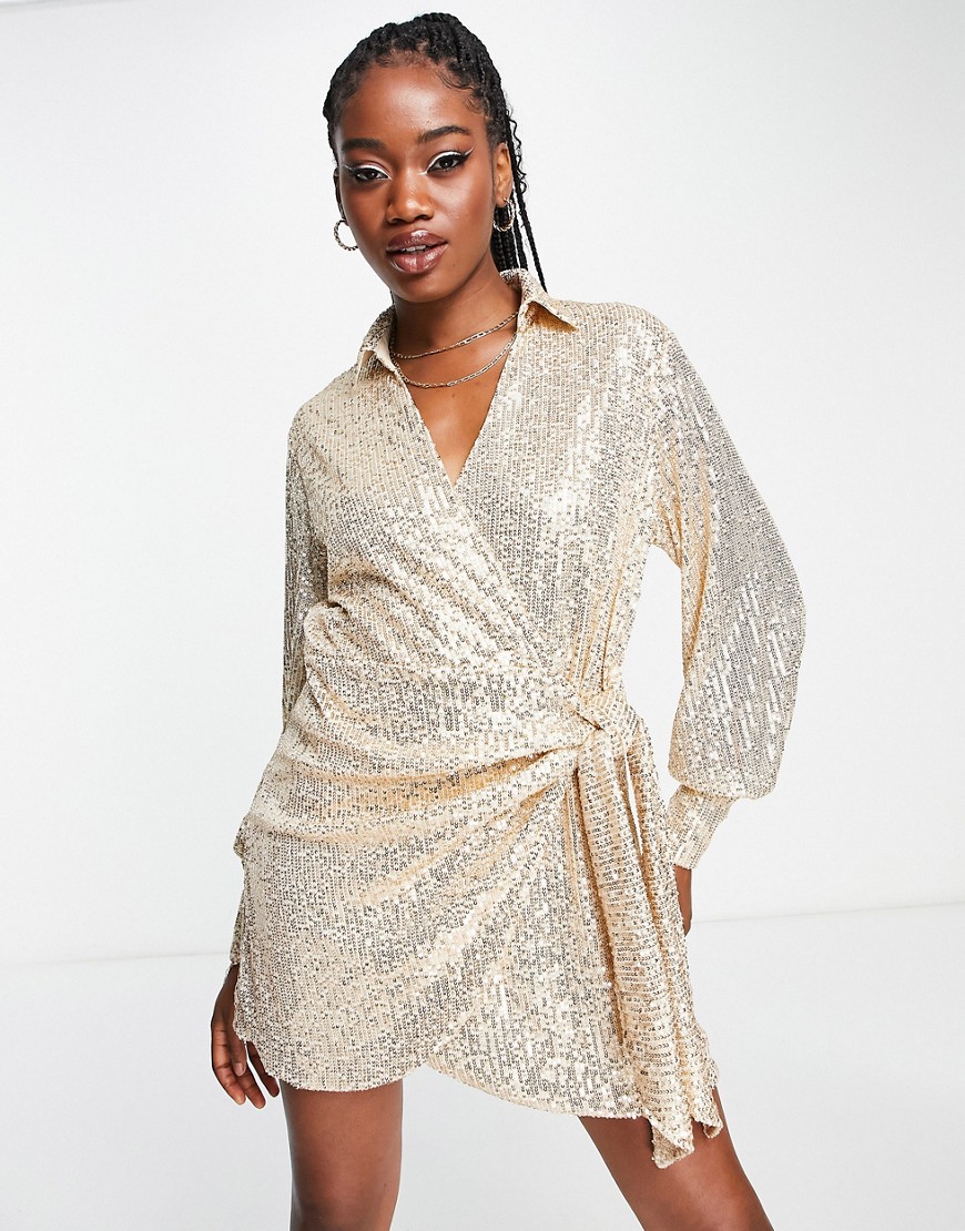 Style Cheat Wrap Tie Sequin Shirt Dress In Champagne-neutral