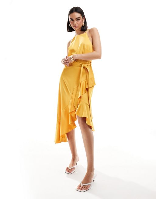Style Cheat – Żółtopomarańczowa sukienka midi z falbankami i dekoltem typu halter