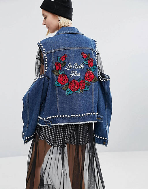 STYLENANDA Cold Shoulder Denim Jacket With Patches
