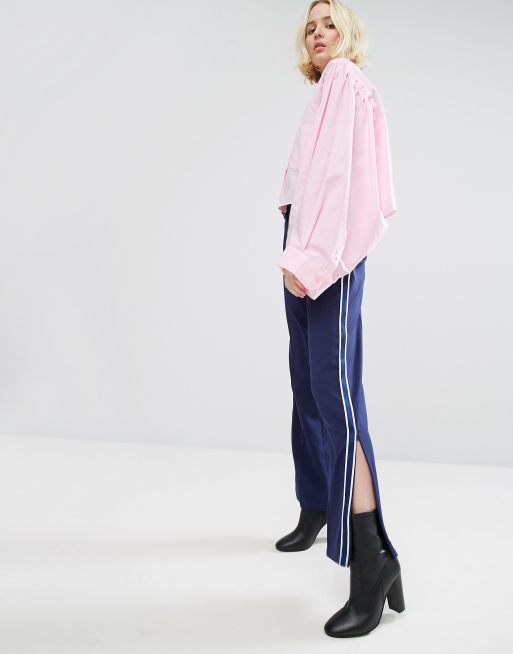 STYLENANDA Wide Leg Track Pants With Side Stripe & Ankle Zip