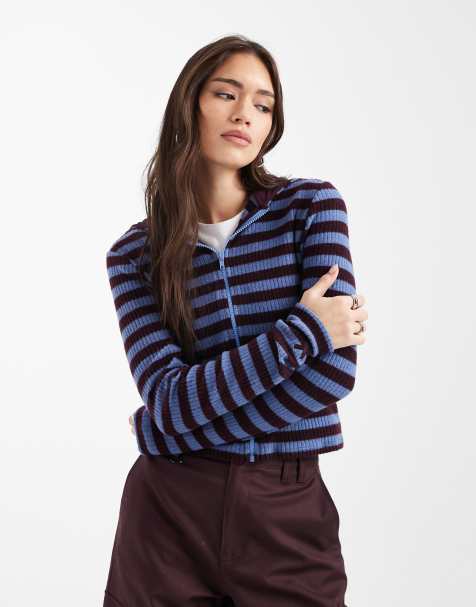 Sudadera a rayas azules y burdeos con capucha y cremallera de COLLUSION - view 1