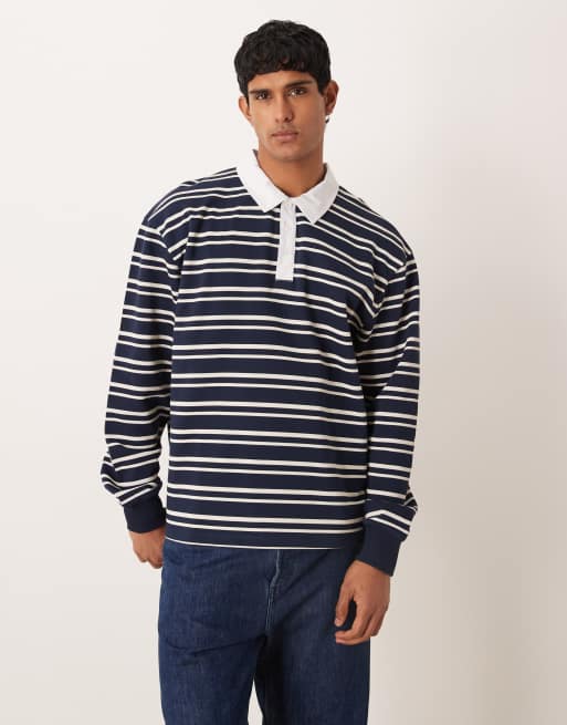 Sudadera a rayas blancas y azul marino holgada de estilo rugby con cuello tipo polo de ASOS DESIGN