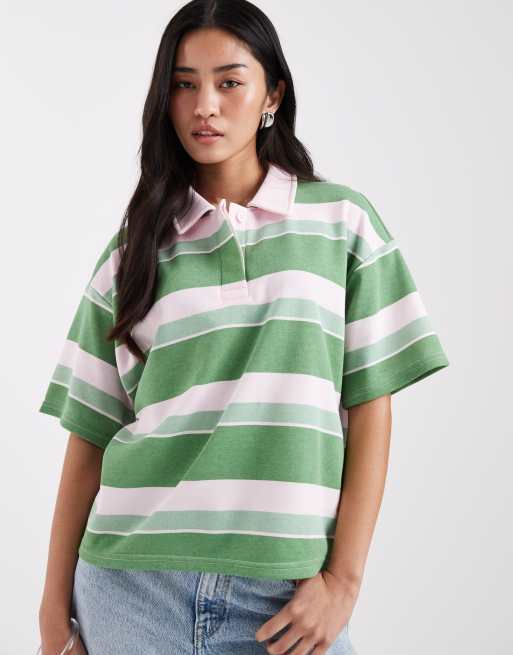 Sudadera a rayas verdes y rosas de manga corta con cuello tipo polo de Pieces