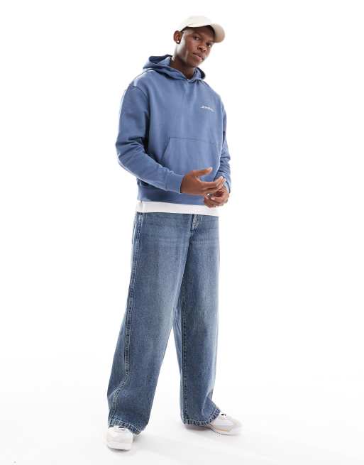 Sudadera azul añil lavado de corte cuadrado con capucha y estampado en relieve de ASOS DESIGN, 2 de 4