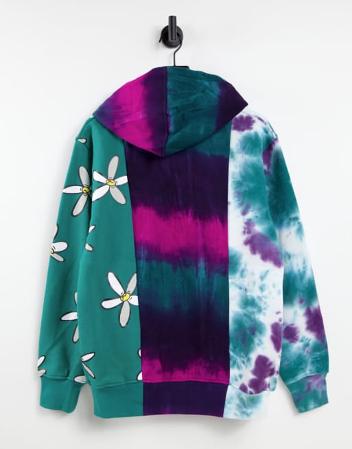 Sudadera azul con capucha, diseño partido efecto tie dye y flores estampadas de The Hundreds (parte de un conjunto), 3 de 4