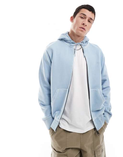 Sudadera azul con capucha, diseño teñido, cremallera y texto Duster de Carhartt WIP