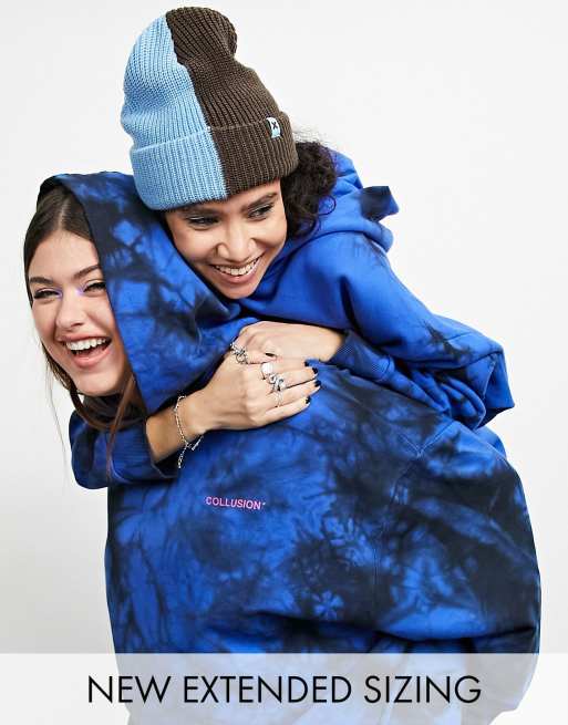 Sudadera azul extragrande con capucha, efecto tie dye y logo estampado de COLLUSION 