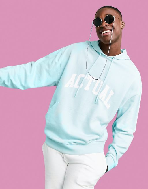 Sudadera azul extragrande con capucha y estampado de logo de ASOS Actual (parte de un conjunto)
