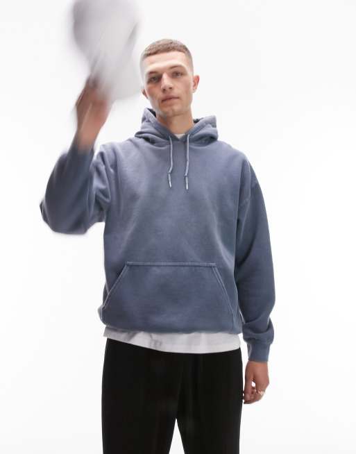Sudadera azul extragrande con capucha y lavado vintage de Topman
