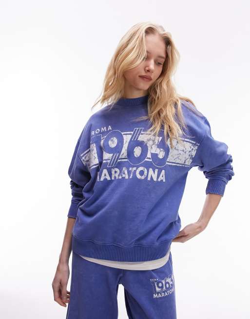 Sudadera azul extragrande con lavado vintage y gráfico 1863 Maratona de Topshop (parte de un conjunto)