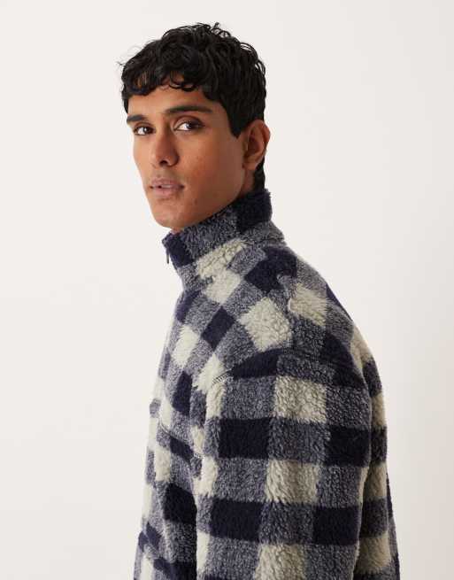 Sudadera azul holgada con cremallera corta y estampado a cuadros de borreguito de ASOS DESIGN, 4 de 5