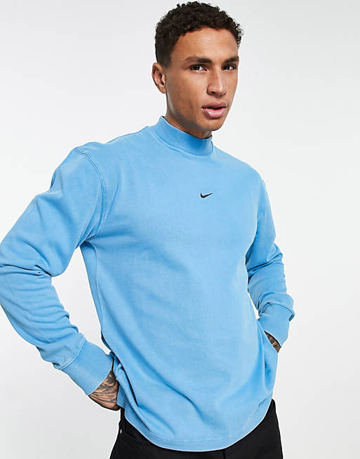 Hombre Sudaderas con y sin Capucha Deportivas | Sudadera azul lavada de manga larga con cuello alzado de tejido grueso de Nike Premium Essentials - XC57638
