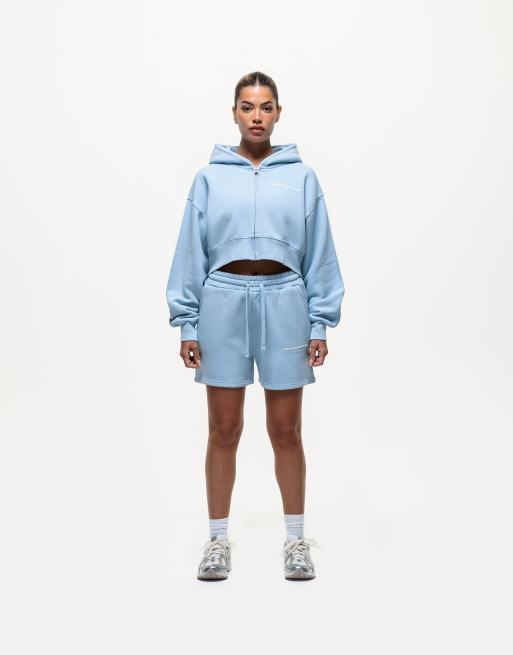 Sudadera azul lavado con capucha, logo y cremallera de Good For Nothing