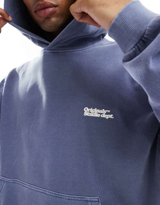 Sudadera azul lavado extragrande con capucha y estampado en la espalda Originals de Jack & Jones, 2 de 4