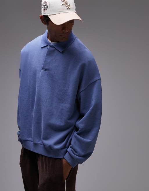 Sudadera azul lavado extragrande con cuello tipo polo de Topman