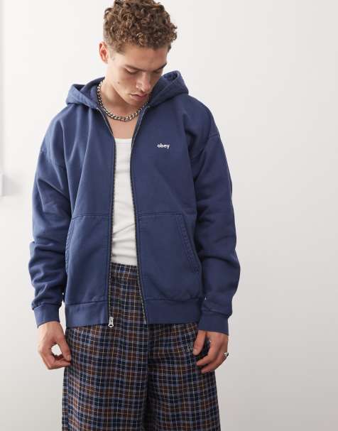 Sudadera azul marino con capucha, cremallera, acabado pigmentado y logo en minúscula de Obey - view 1