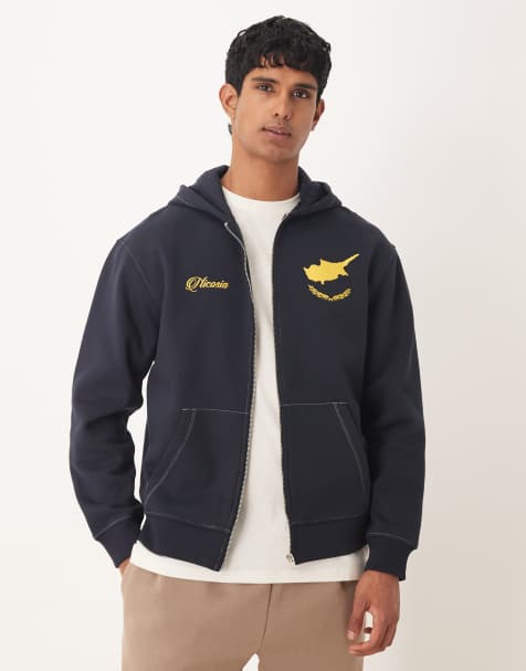 Sudadera azul marino con capucha, cremallera, estampado deportivo y pespuntes en contraste de ASOS DESIGN - view 1