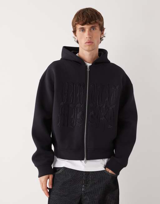 Sudadera azul marino con capucha y estampado gráfico de tejido efecto neopreno Simon de Weekday
