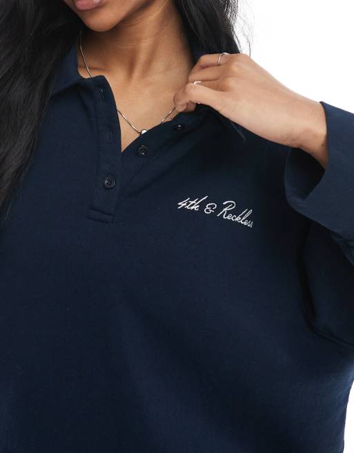Sudadera azul marino con logo bordado y cuello de solapas de felpa rizada de algodón de 4th & Reckless (parte de un conjunto), 3 de 4