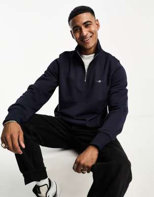 Sudadera azul marino con logo de escudo y media cremallera de GANT