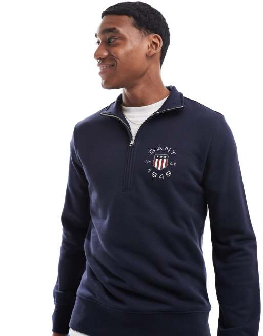 Sudadera azul marino con media cremallera y logo de escudo 1949 de GANT