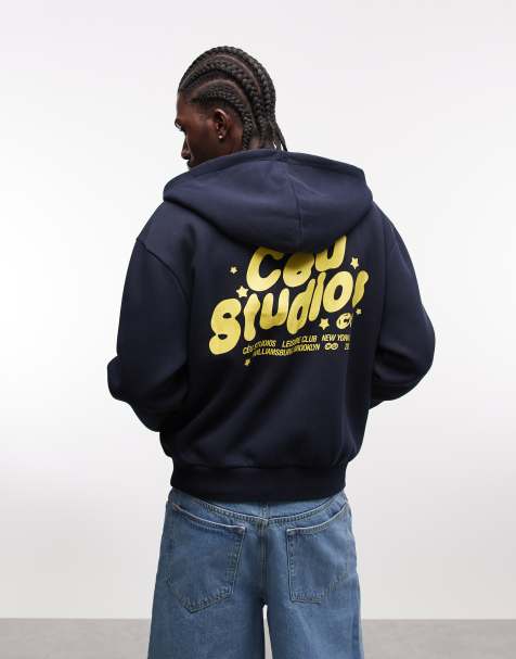 Sudadera azul marino de corte cuadrado con capucha, cremallera y estampado de ASOS DESIGN - view 1